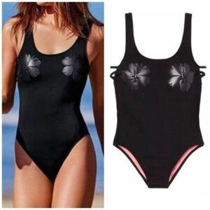 Victorias Secret PINK  Swimsuit Size Large Black One Piece Hibiscus Flower